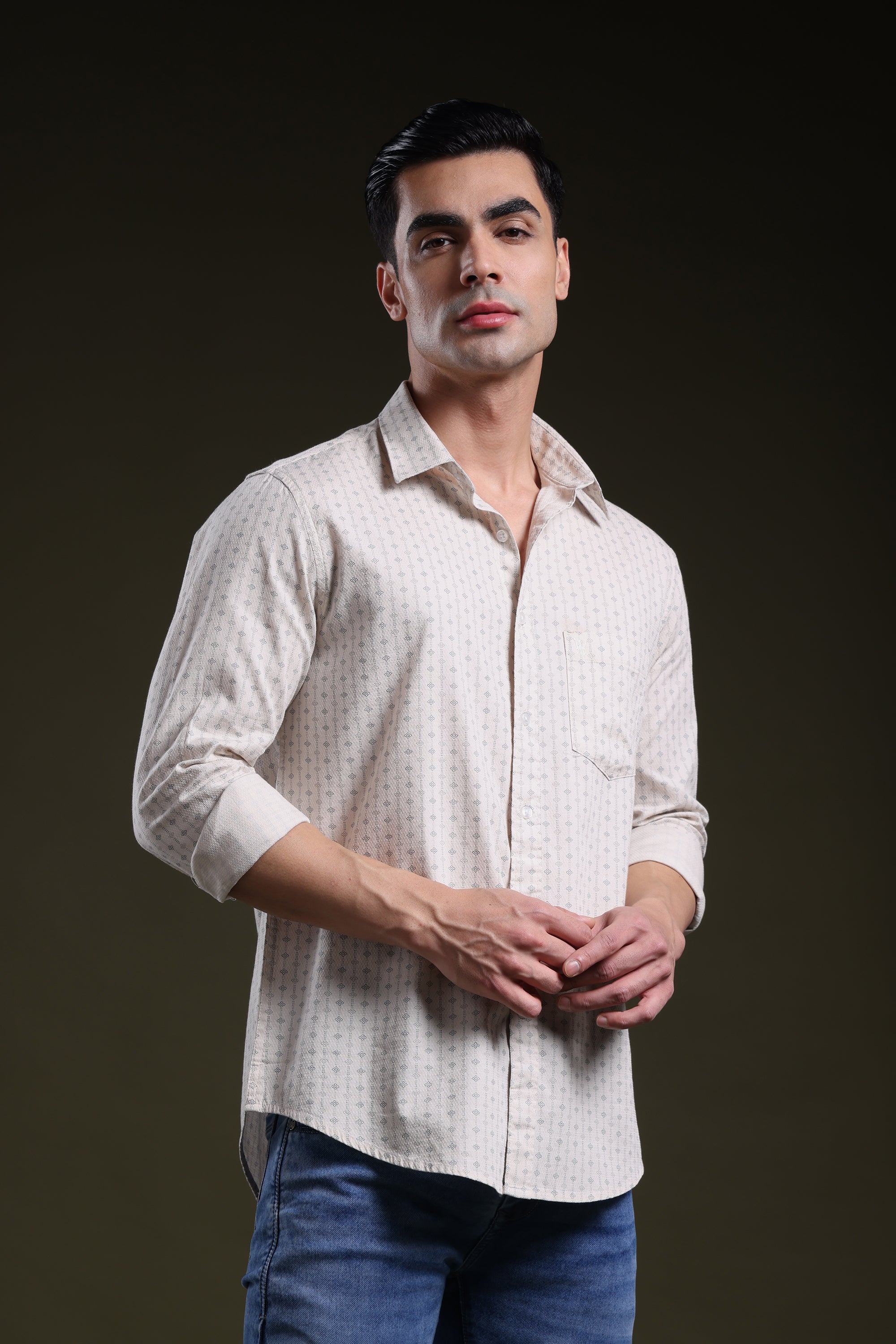 Textured Grid Cream Men's Dobby Printed Shirt l Full Sleeve l Slim Fit