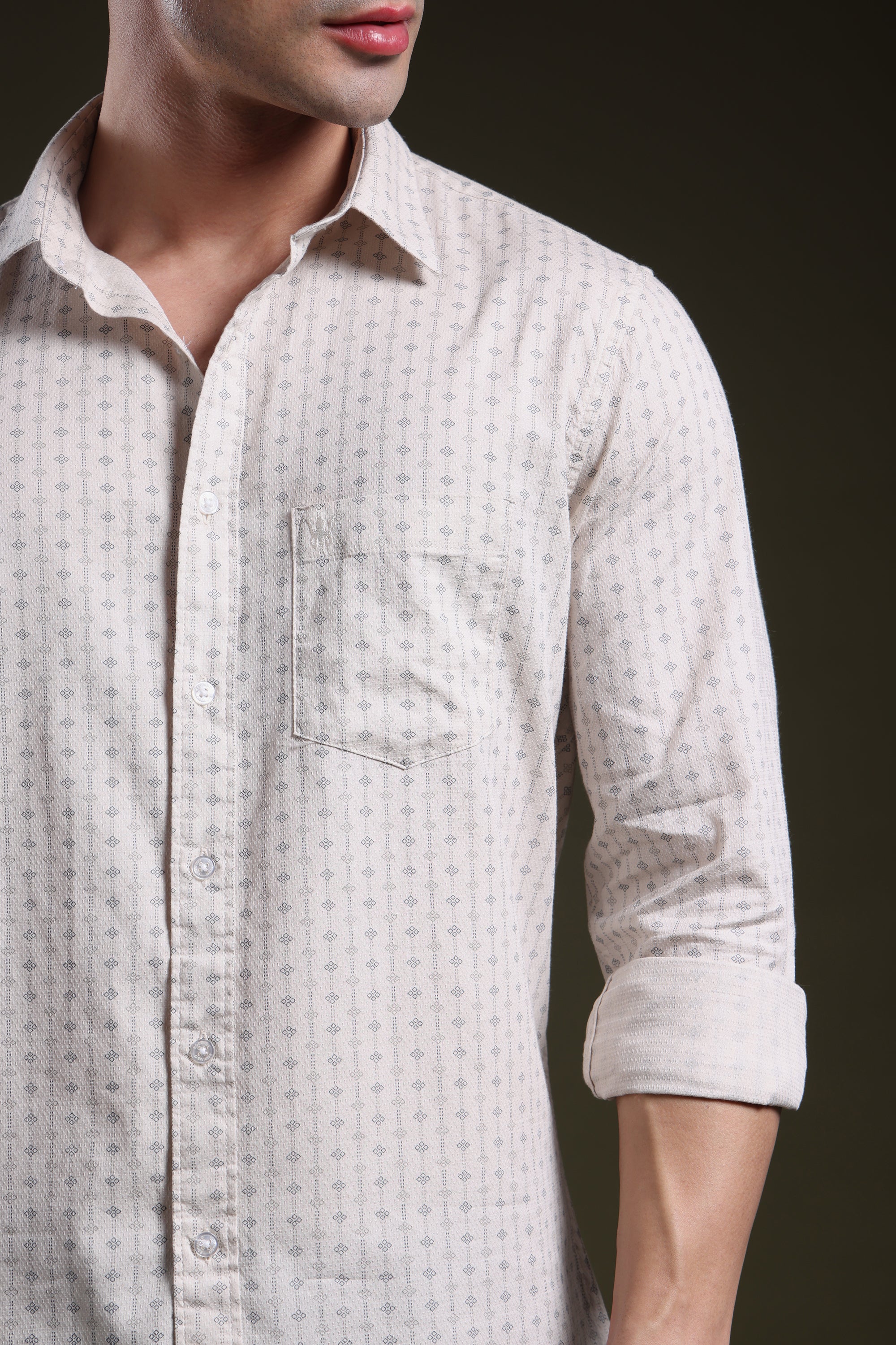 Textured Grid Cream Men's Dobby Printed Shirt l Full Sleeve l Slim Fit