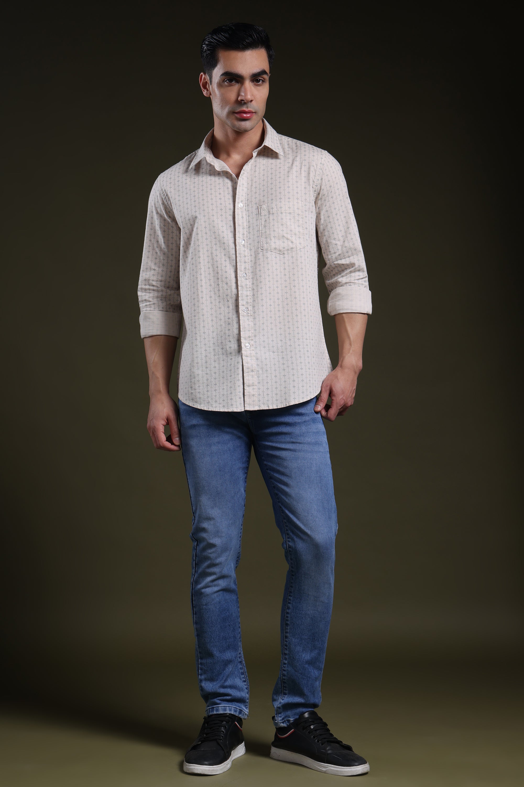 Textured Grid Cream Men's Dobby Printed Shirt l Full Sleeve l Slim Fit