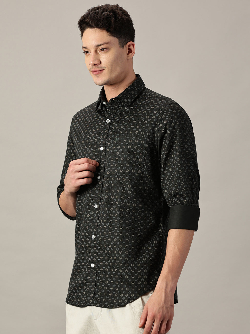 Forest Night Geo‑Dot Micro Pattern Satin Printed Shirt | Full Sleeve | Slim Fit