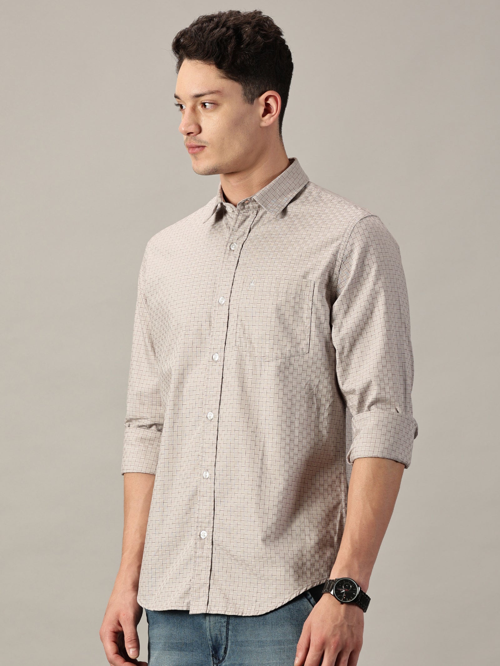 Sandcrest Beige Dobby Extra Fine Men's micro Check Shirt | Full Sleeve | Slim Fit