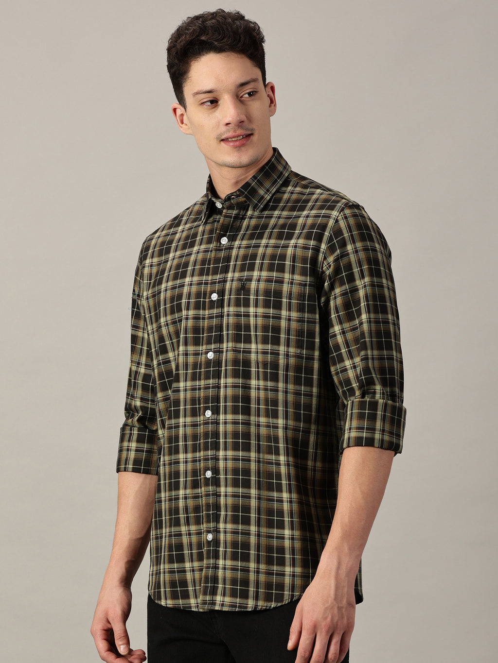Black & Olive Men’s Giza Twill Checked Shirt | Full Sleeve | Slim Fit