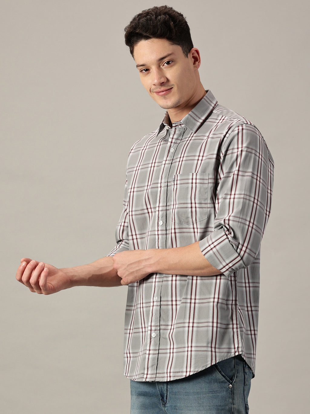 Grey & Maroon Men’s Cotton Checkered Shirt | Full-Sleeve | Slim Fit