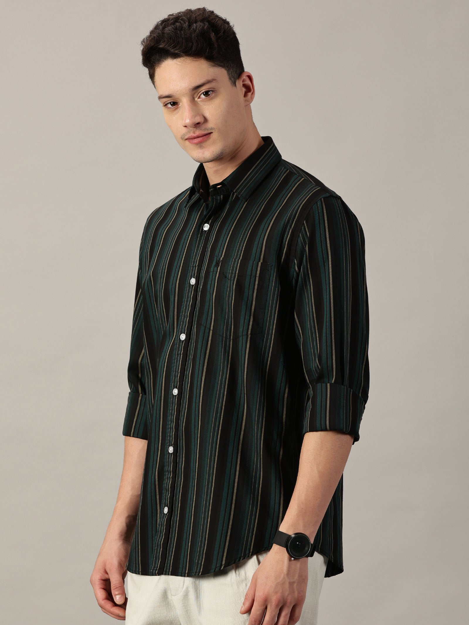 Men’s Harbor Teal Multi-Stripe Giza Twill Shirt | Full Sleeve | Slim Fit