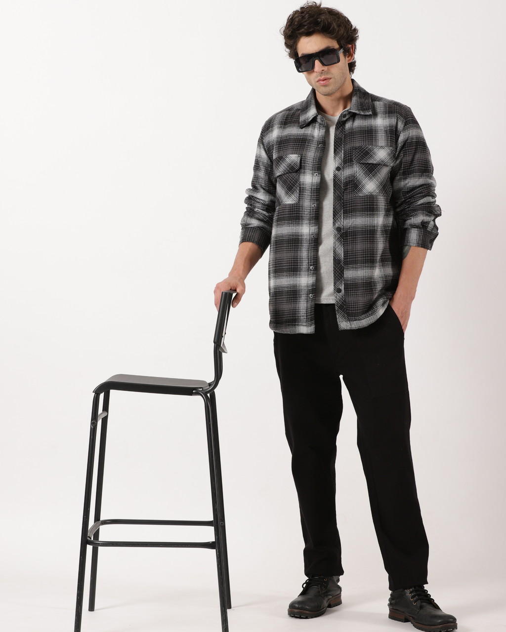 Grey & Black Men's Fleece - Lined Checked Shacket