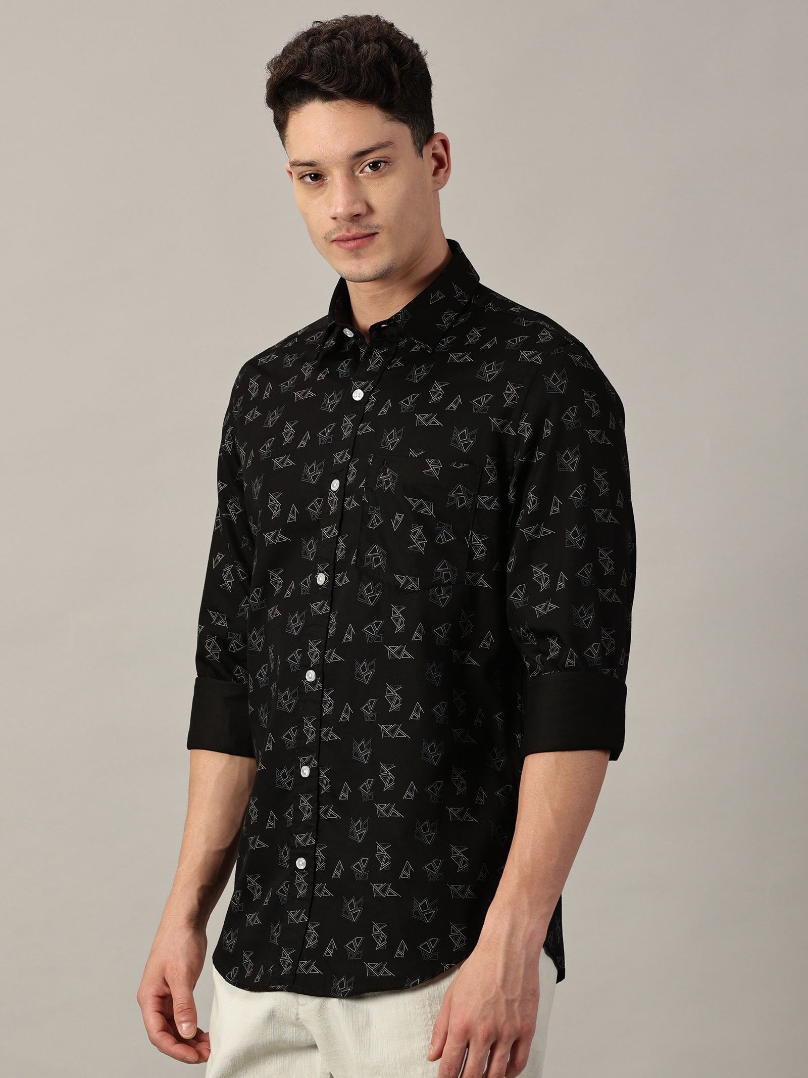Midnight Black Geo‑Pattern Printed Satin Shirt | Full Sleeve | Slim Fit