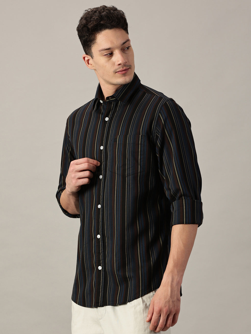 Men's Harbor Blue Multi-Stripe Giza Twill Shirt | Full Sleeve | Slim Fit