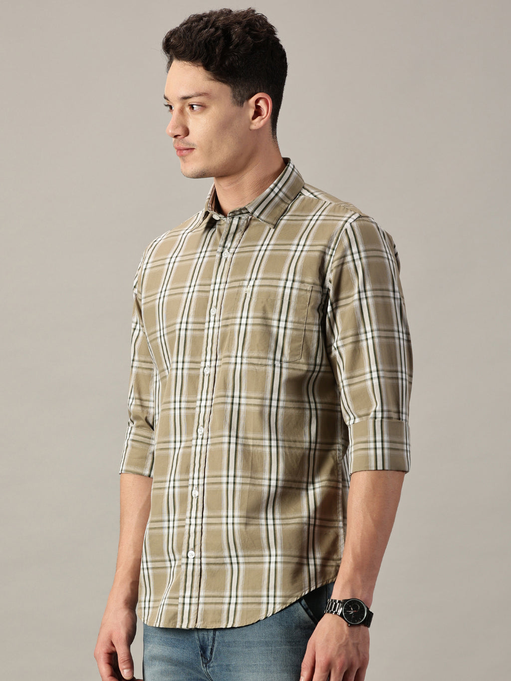 Khaki & Olive Men’s Cotton Checkered Shirt | Full-Sleeve | Slim Fit