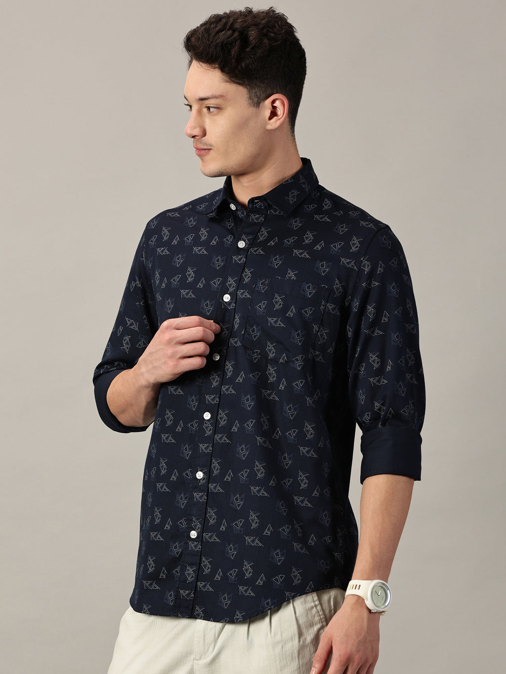 Deep Navy Geo‑Pattern Printed Satin Shirt | Full Sleeve | Slim Fit