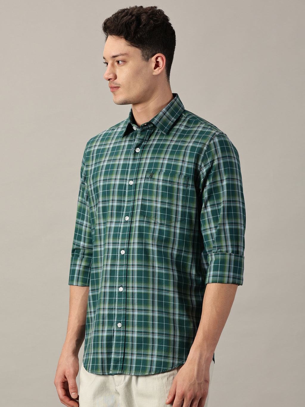 Green Windowpane Men’s Giza Twill Check Shirt | Full Sleeve | Slim Fit