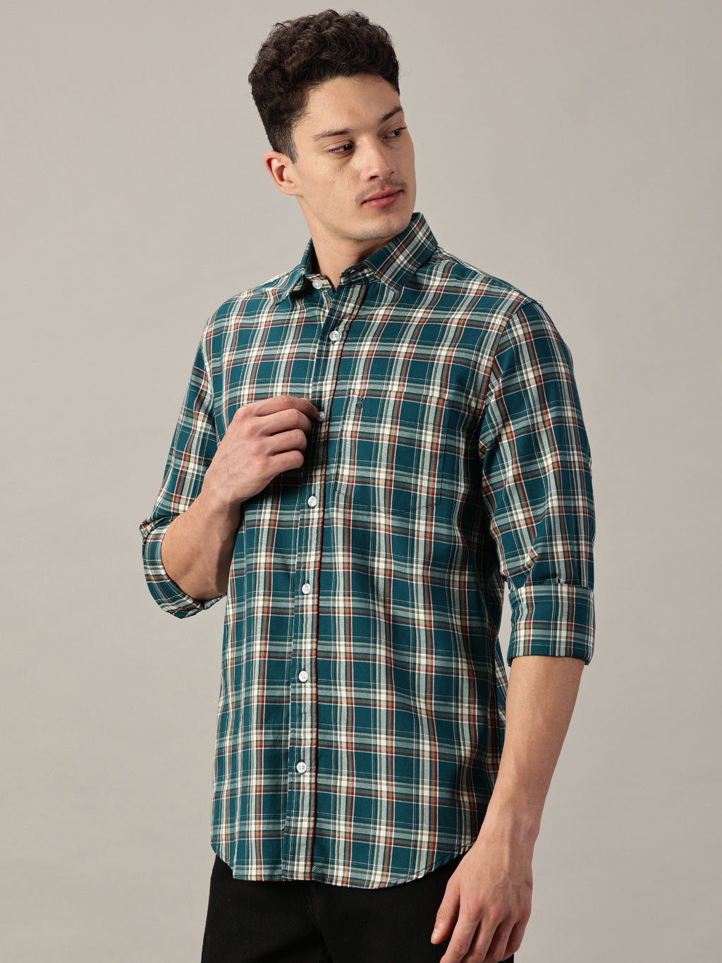 Teal Green Checkered Giza Twill Shirt | Full-Sleeve | Slim Fit