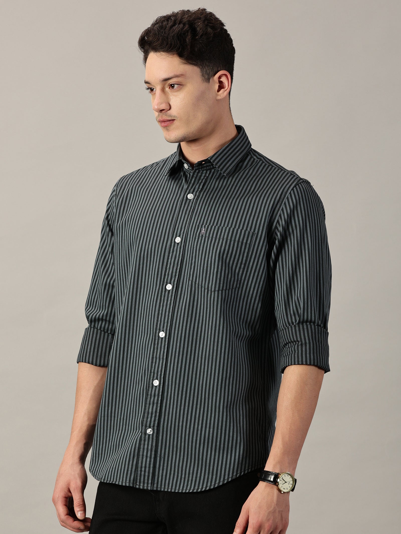 Two- Tone Green Geometric Dobby Extra Fine Men's micro Stripe Shirt | Full Sleeve | Slim Fit