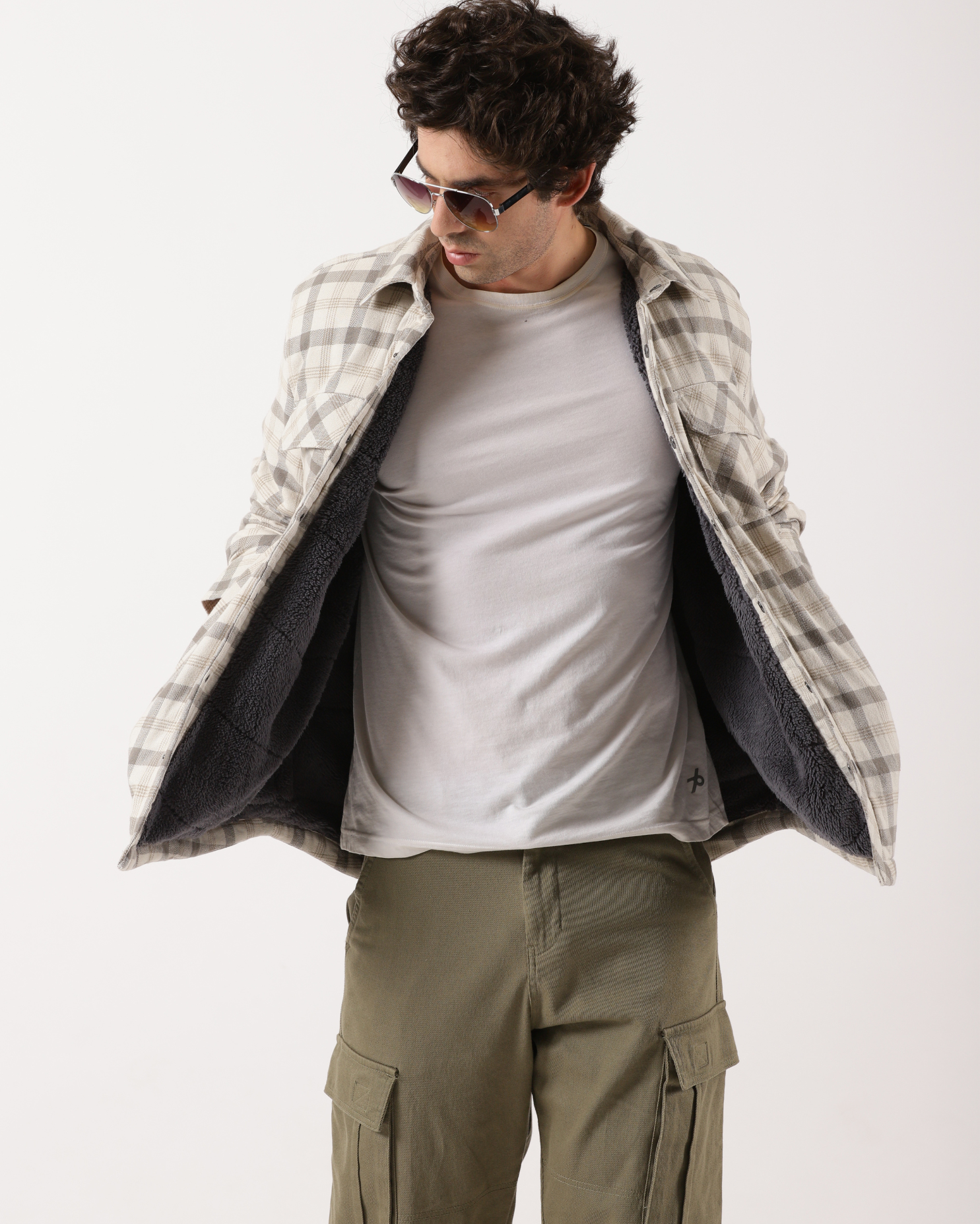 Cream & Beige Men's Fleeece - Lined Checked Shacket