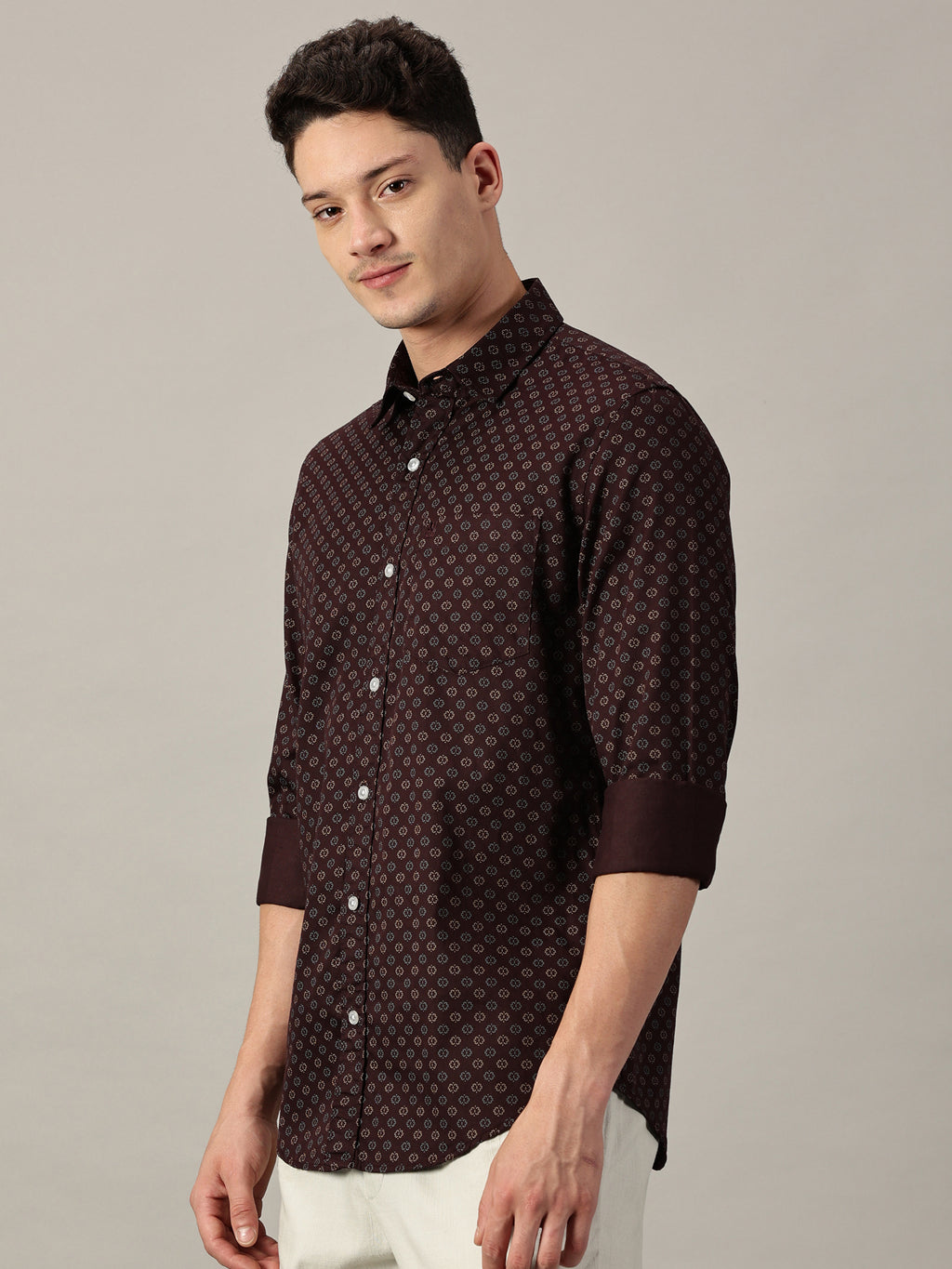 Maroon Geo-Dot Micro Pattern Satin Printed Shirt | Full Sleeve | Slim Fit