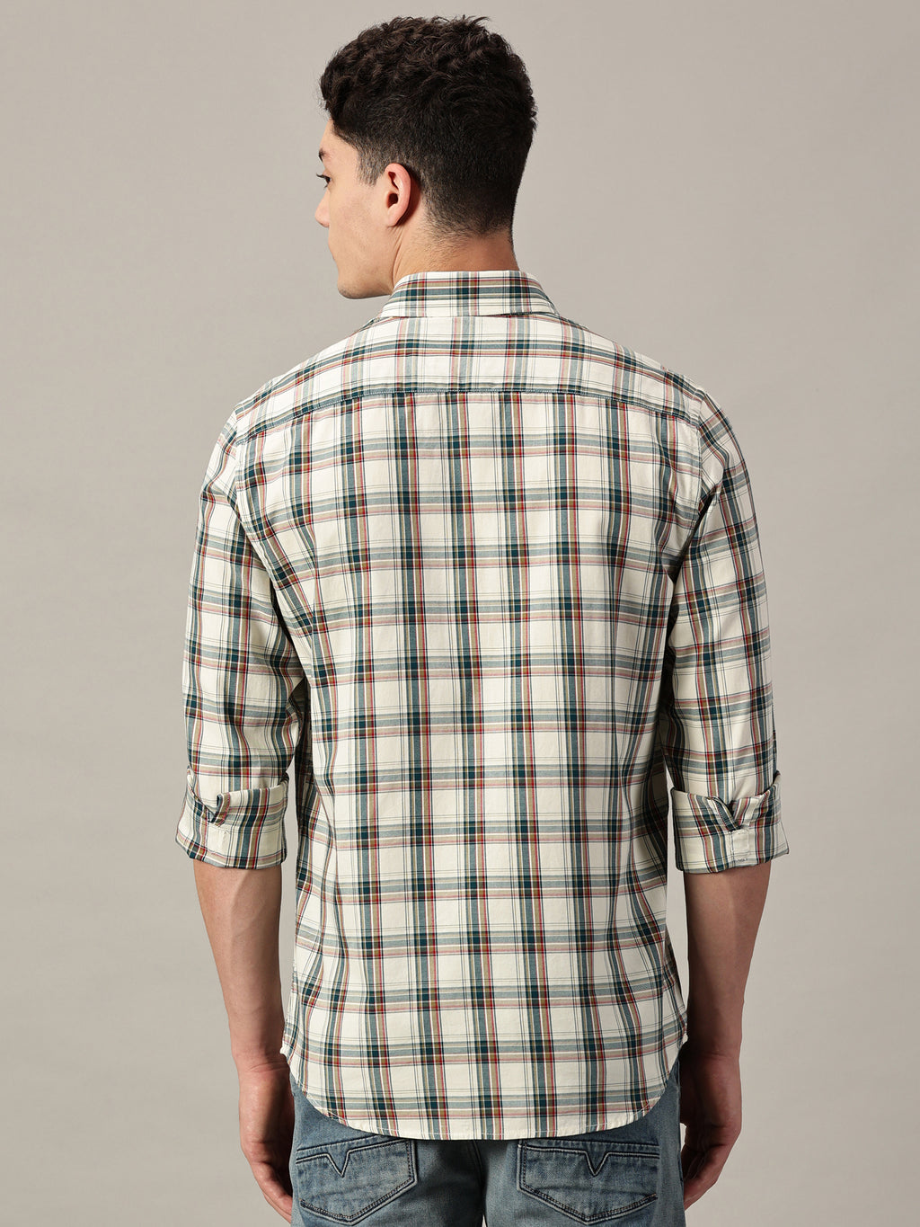 Urban Heritage Giza Twill Off-White Base with Forest Green Check Shirt | Full- Sleeve | Slim Fit