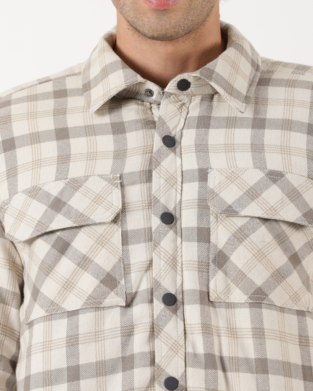 Cream & Beige Men's Fleeece - Lined Checked Shacket
