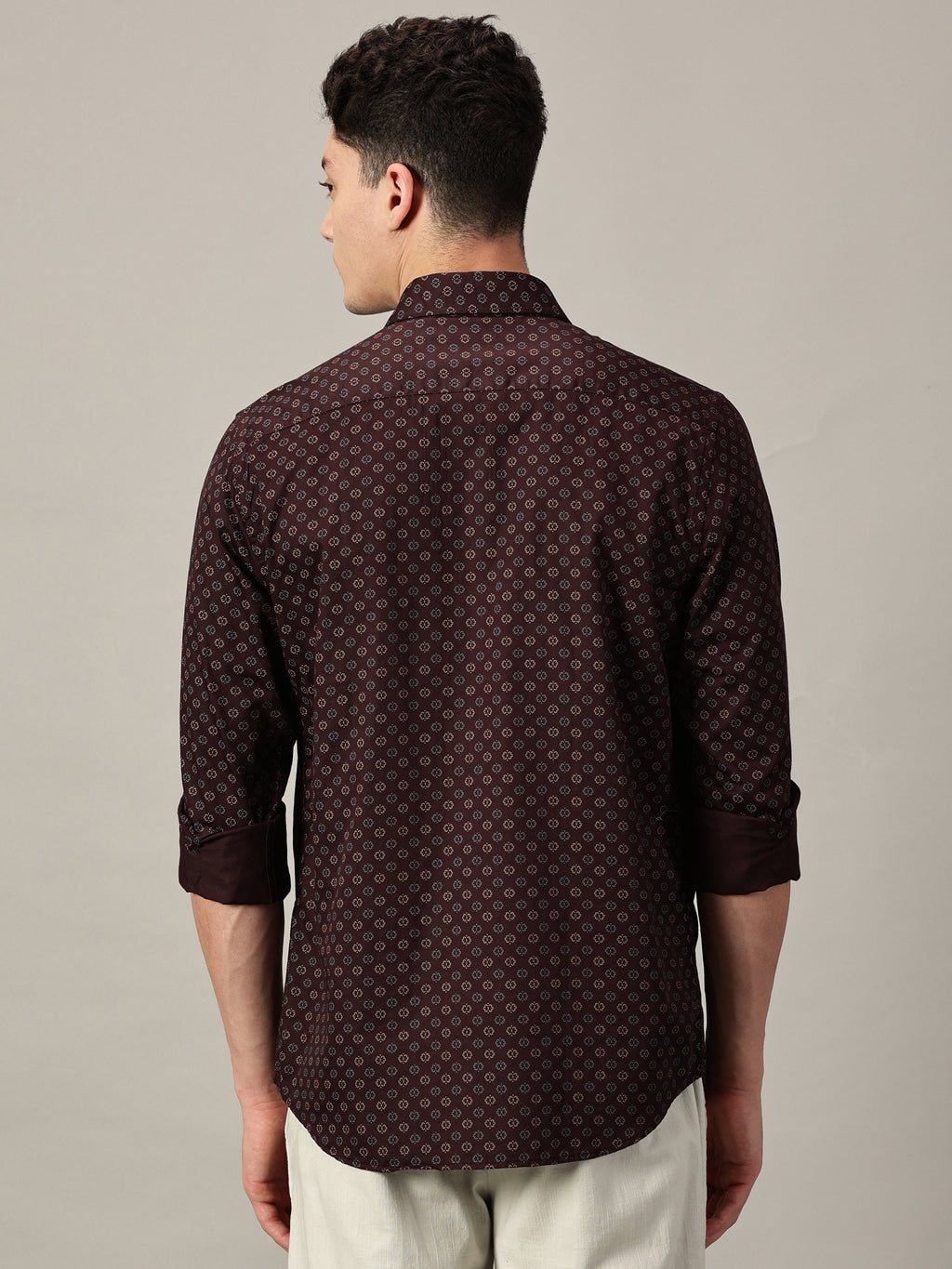 Maroon Geo-Dot Micro Pattern Satin Printed Shirt | Full Sleeve | Slim Fit