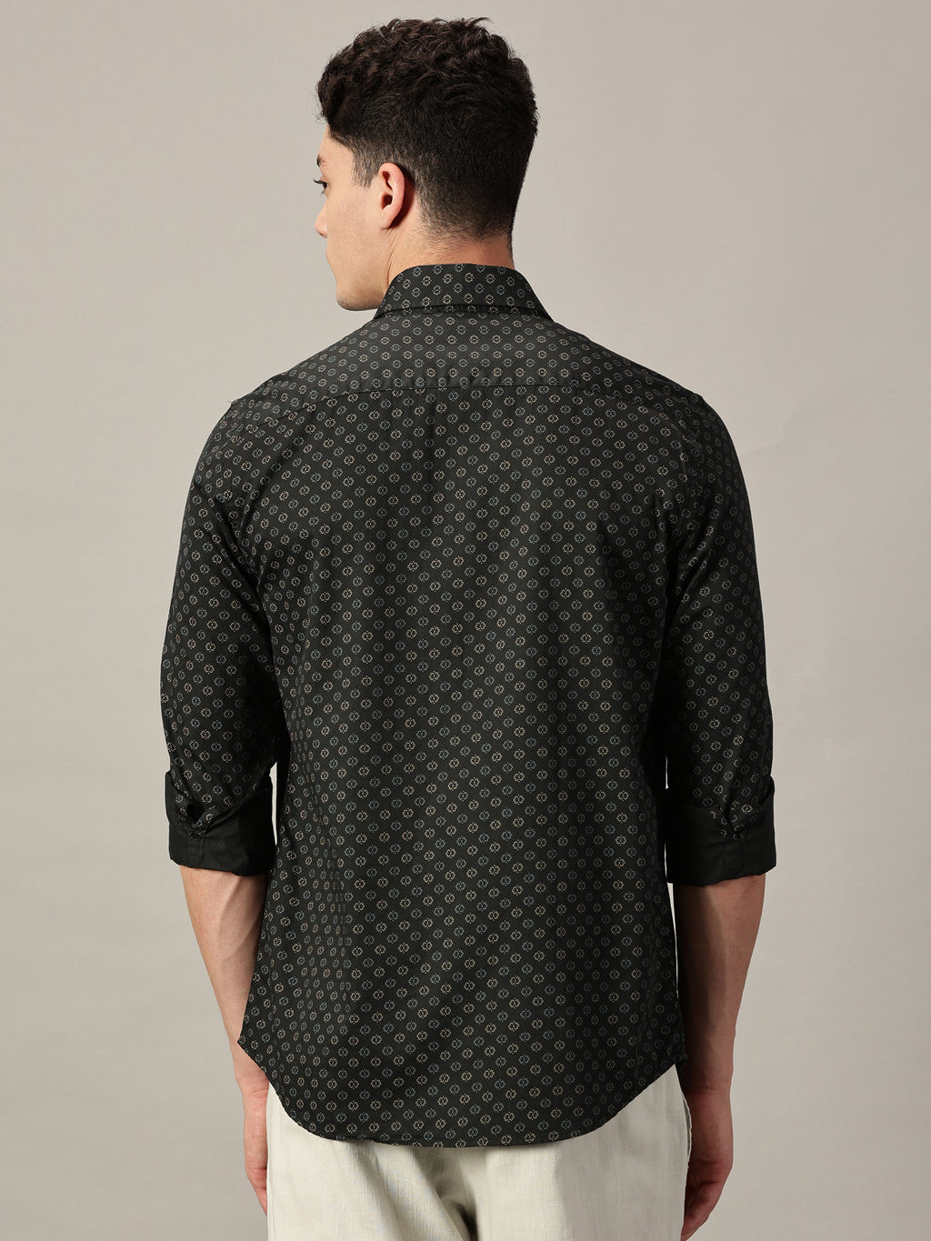 Forest Night Geo‑Dot Micro Pattern Satin Printed Shirt | Full Sleeve | Slim Fit