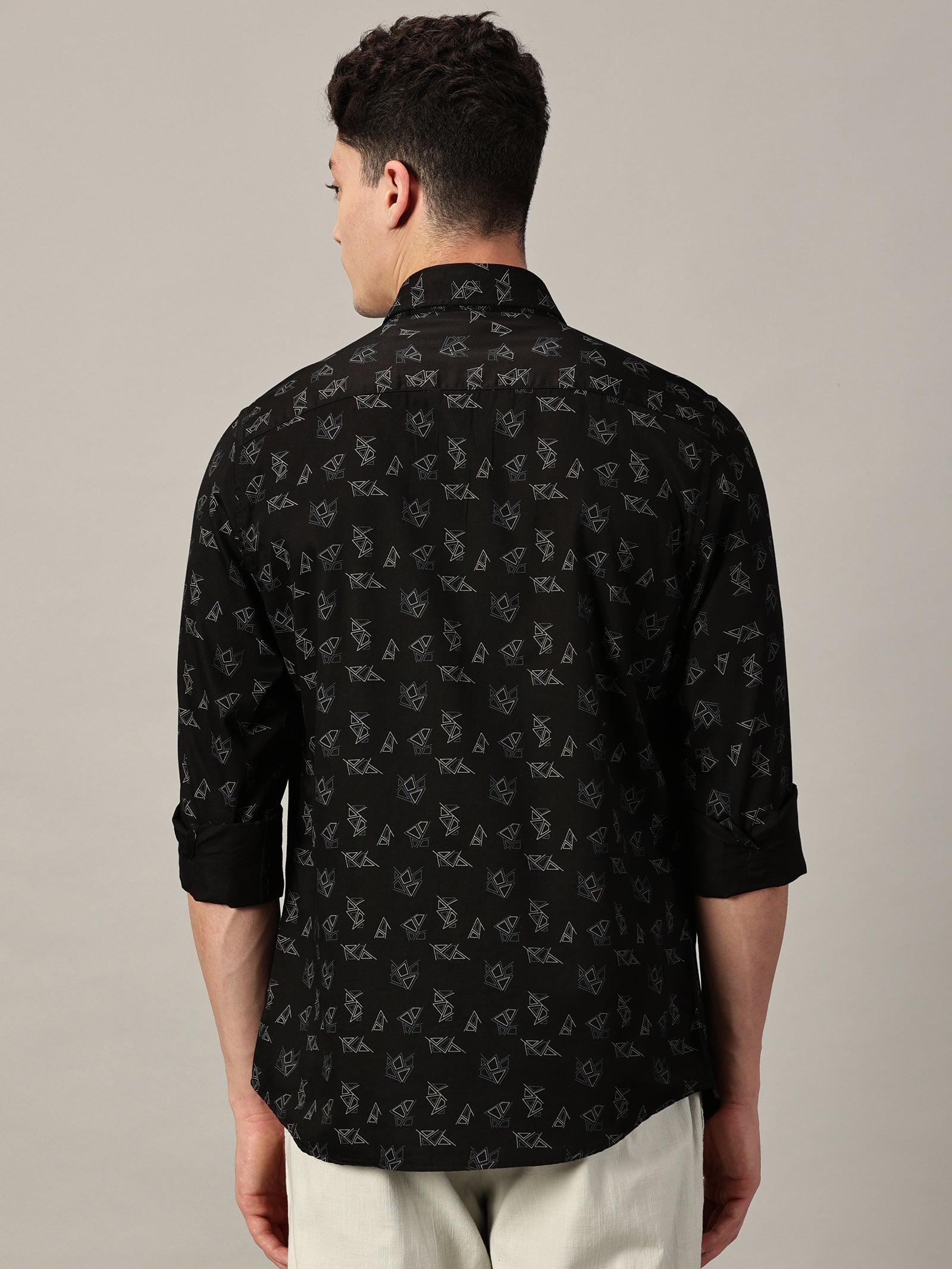 Midnight Black Geo‑Pattern Printed Satin Shirt | Full Sleeve | Slim Fit