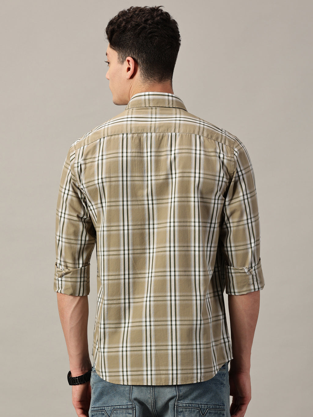 Khaki & Olive Men’s Cotton Checkered Shirt | Full-Sleeve | Slim Fit