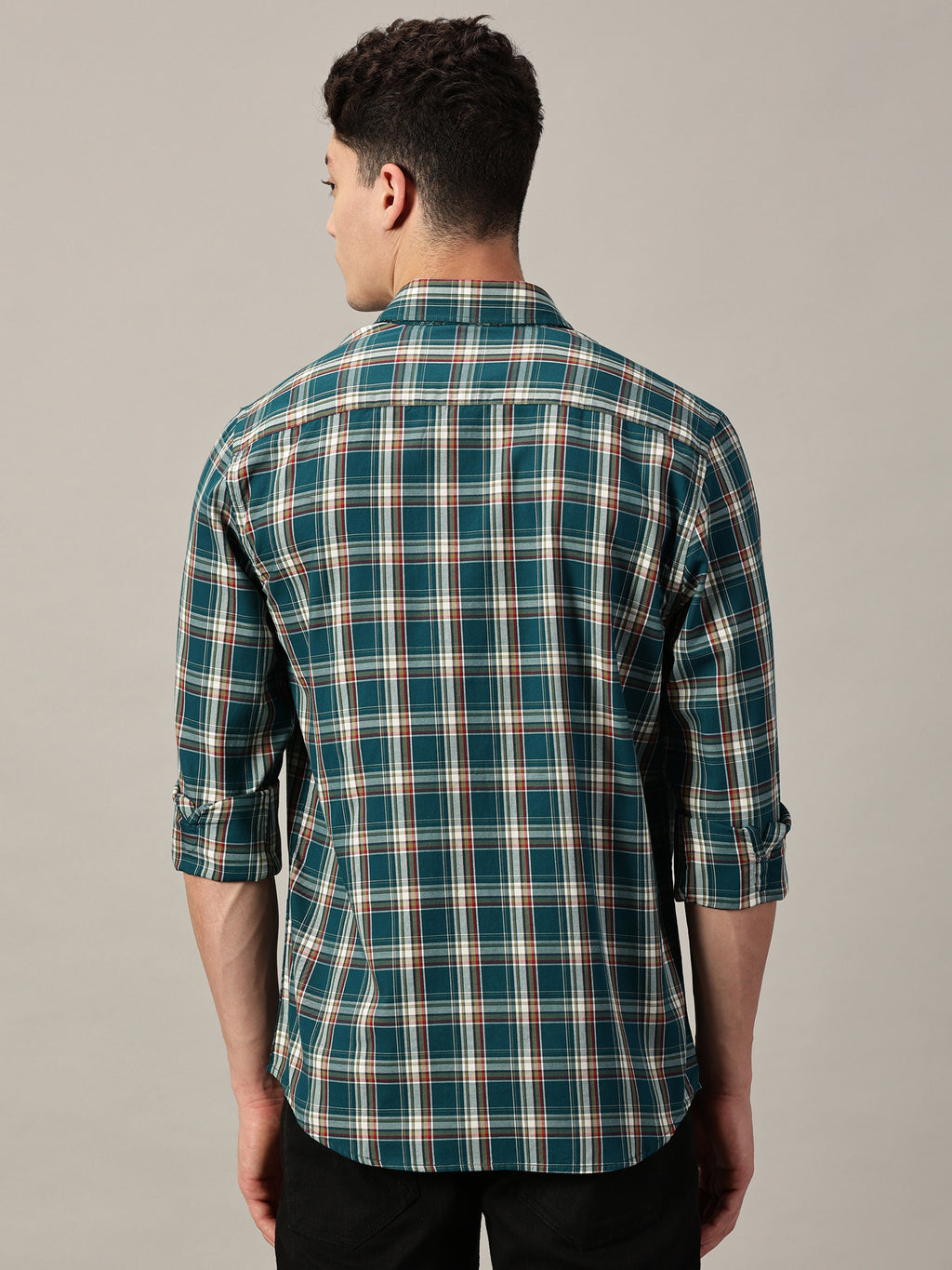 Teal Green Checkered Giza Twill Shirt | Full-Sleeve | Slim Fit