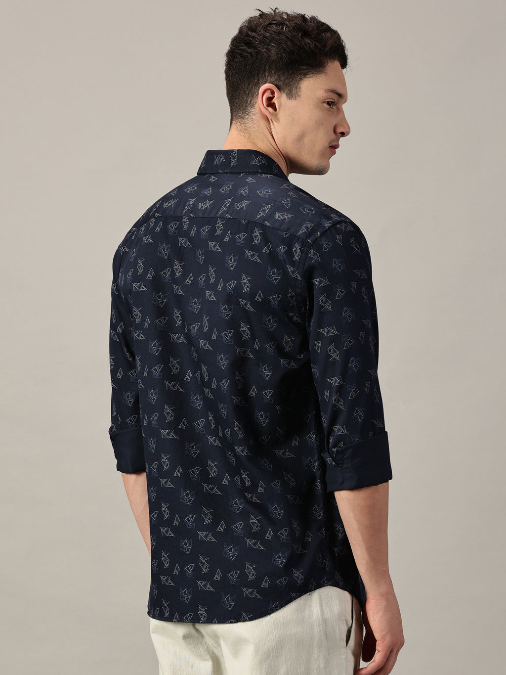 Deep Navy Geo‑Pattern Printed Satin Shirt | Full Sleeve | Slim Fit