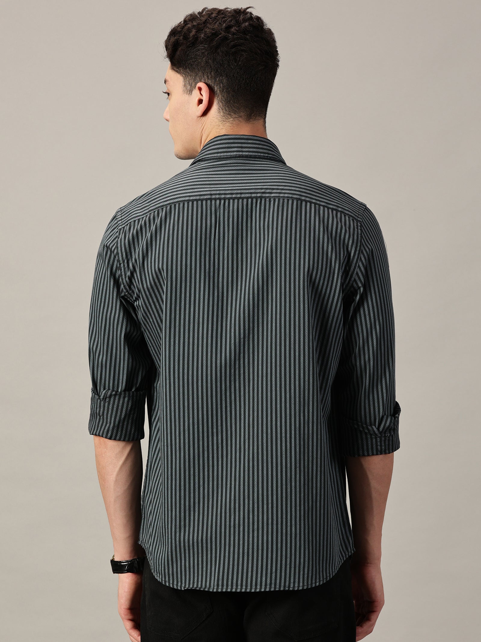 Two- Tone Green Geometric Dobby Extra Fine Men's micro Stripe Shirt | Full Sleeve | Slim Fit