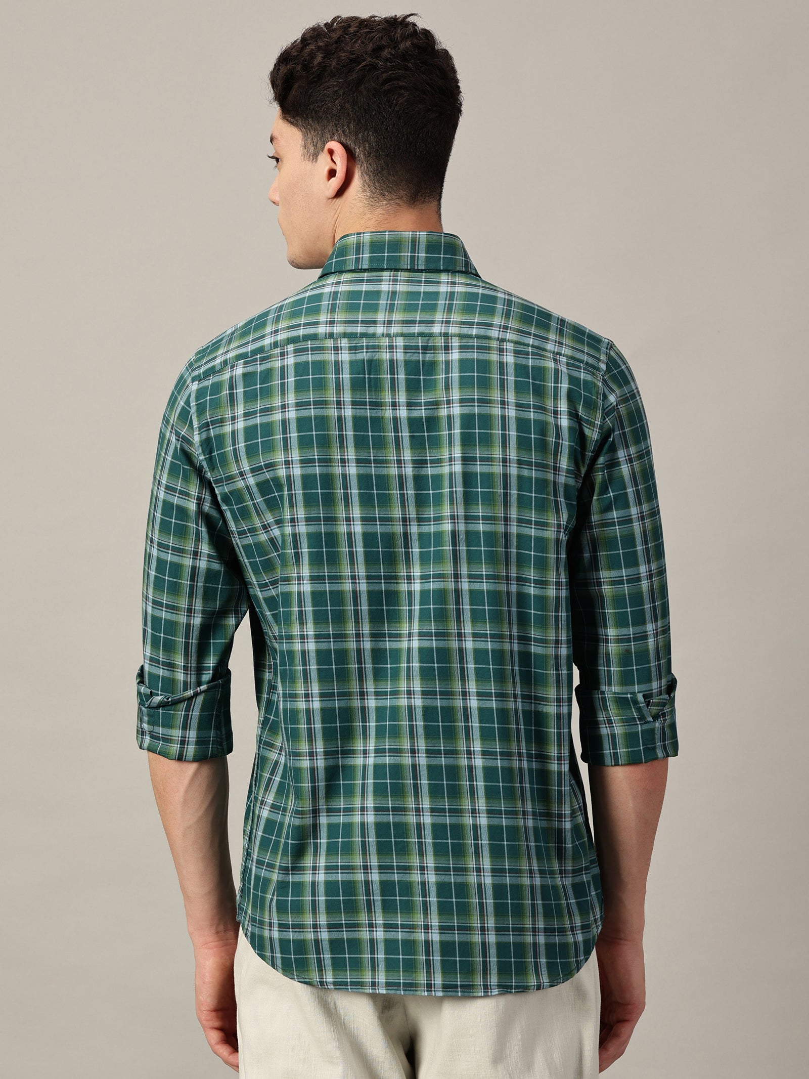 Green Windowpane Men’s Giza Twill Check Shirt | Full Sleeve | Slim Fit