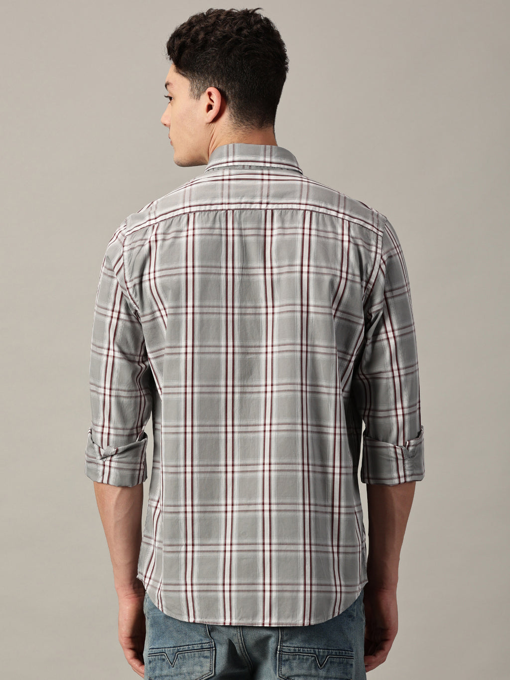 Grey & Maroon Men’s Cotton Checkered Shirt | Full-Sleeve | Slim Fit