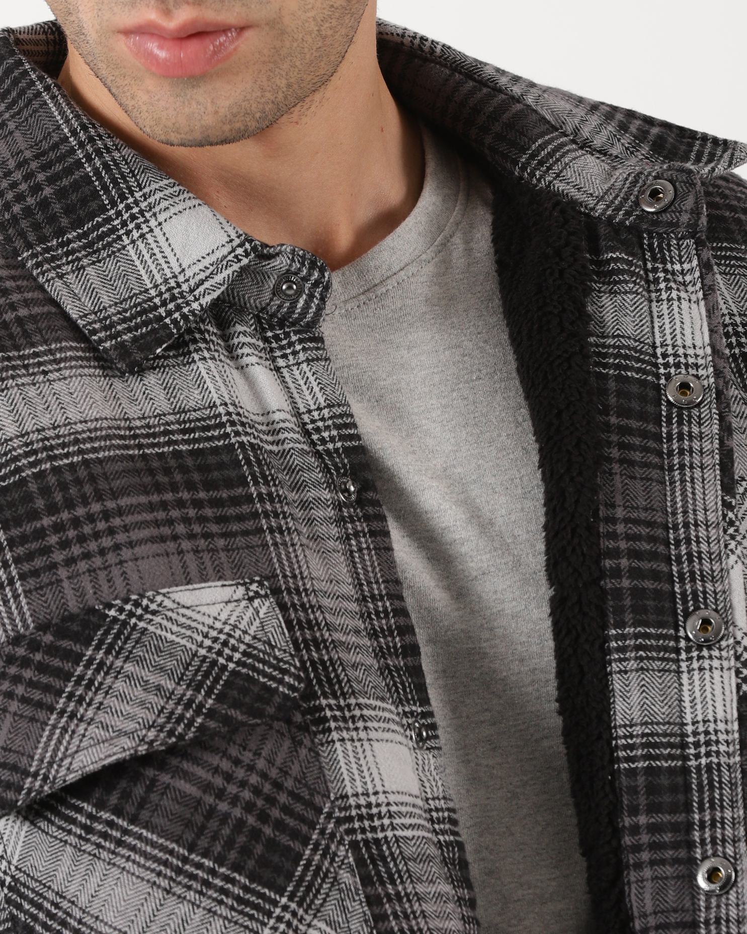 Grey & Black Men's Fleece - Lined Checked Shacket