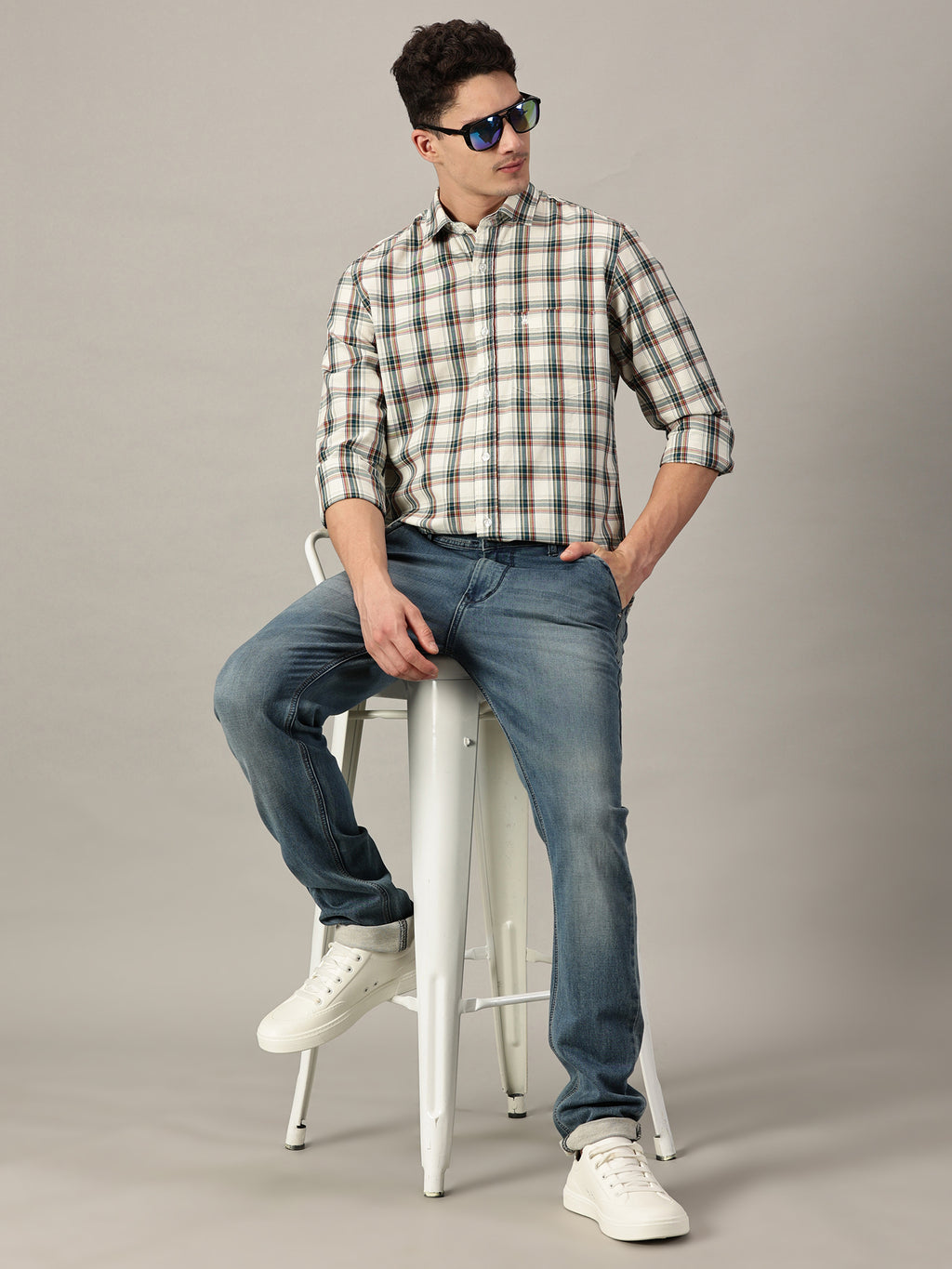 Urban Heritage Giza Twill Off-White Base with Forest Green Check Shirt | Full- Sleeve | Slim Fit