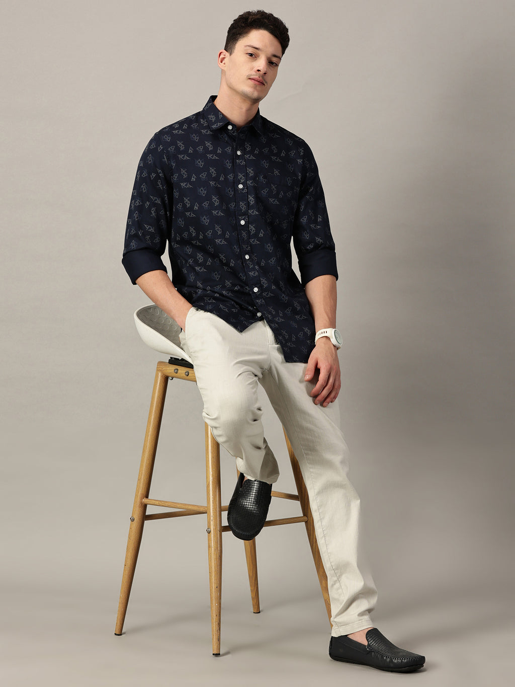 Deep Navy Geo‑Pattern Printed Satin Shirt | Full Sleeve | Slim Fit