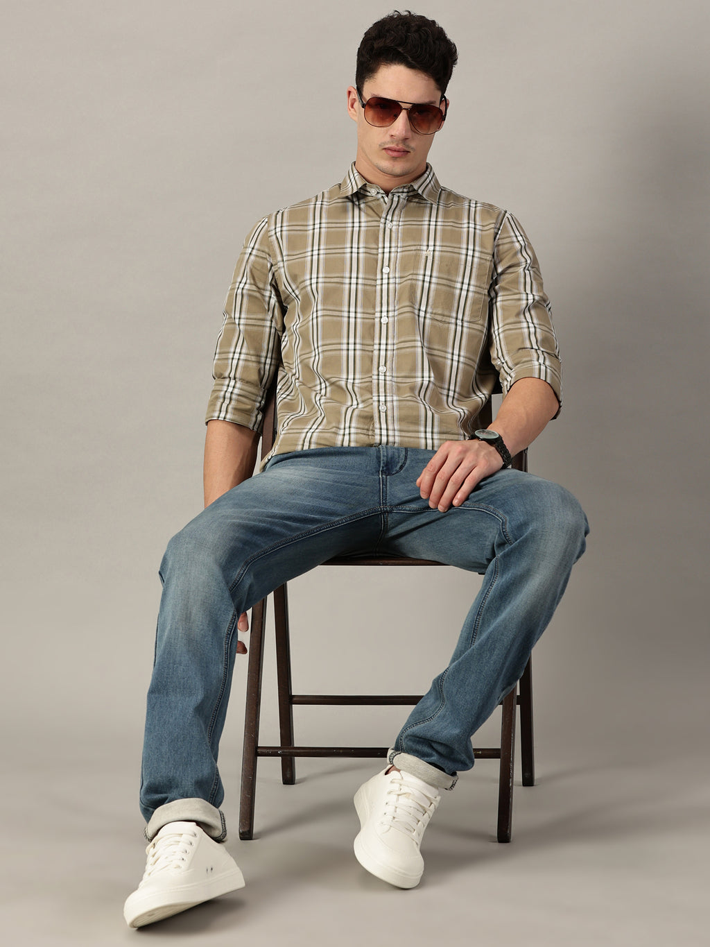 Khaki & Olive Men’s Cotton Checkered Shirt | Full-Sleeve | Slim Fit