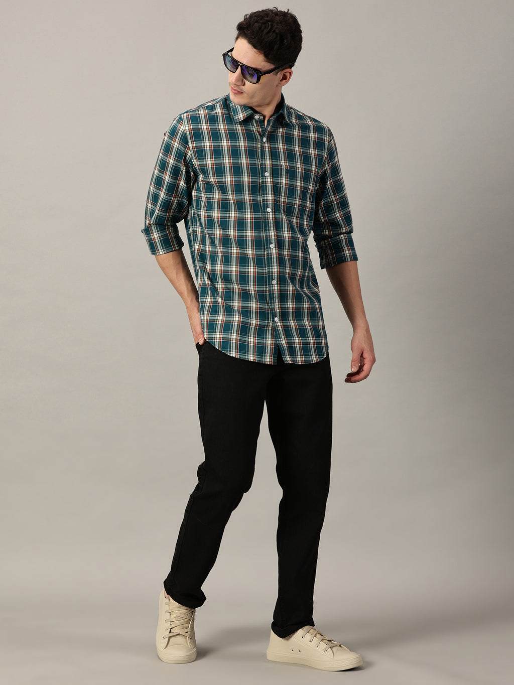 Teal Green Checkered Giza Twill Shirt | Full-Sleeve | Slim Fit