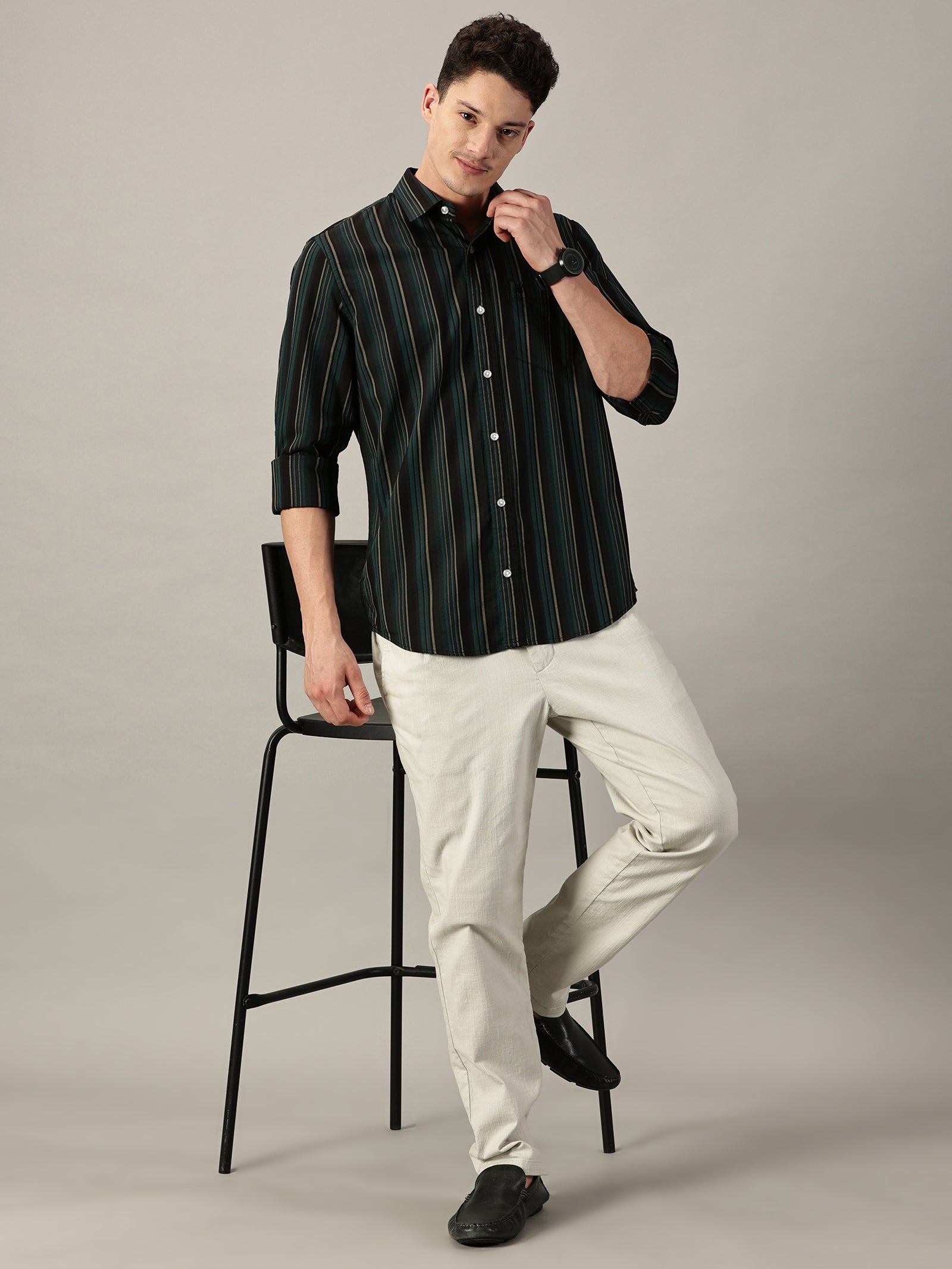 Men’s Harbor Teal Multi-Stripe Giza Twill Shirt | Full Sleeve | Slim Fit