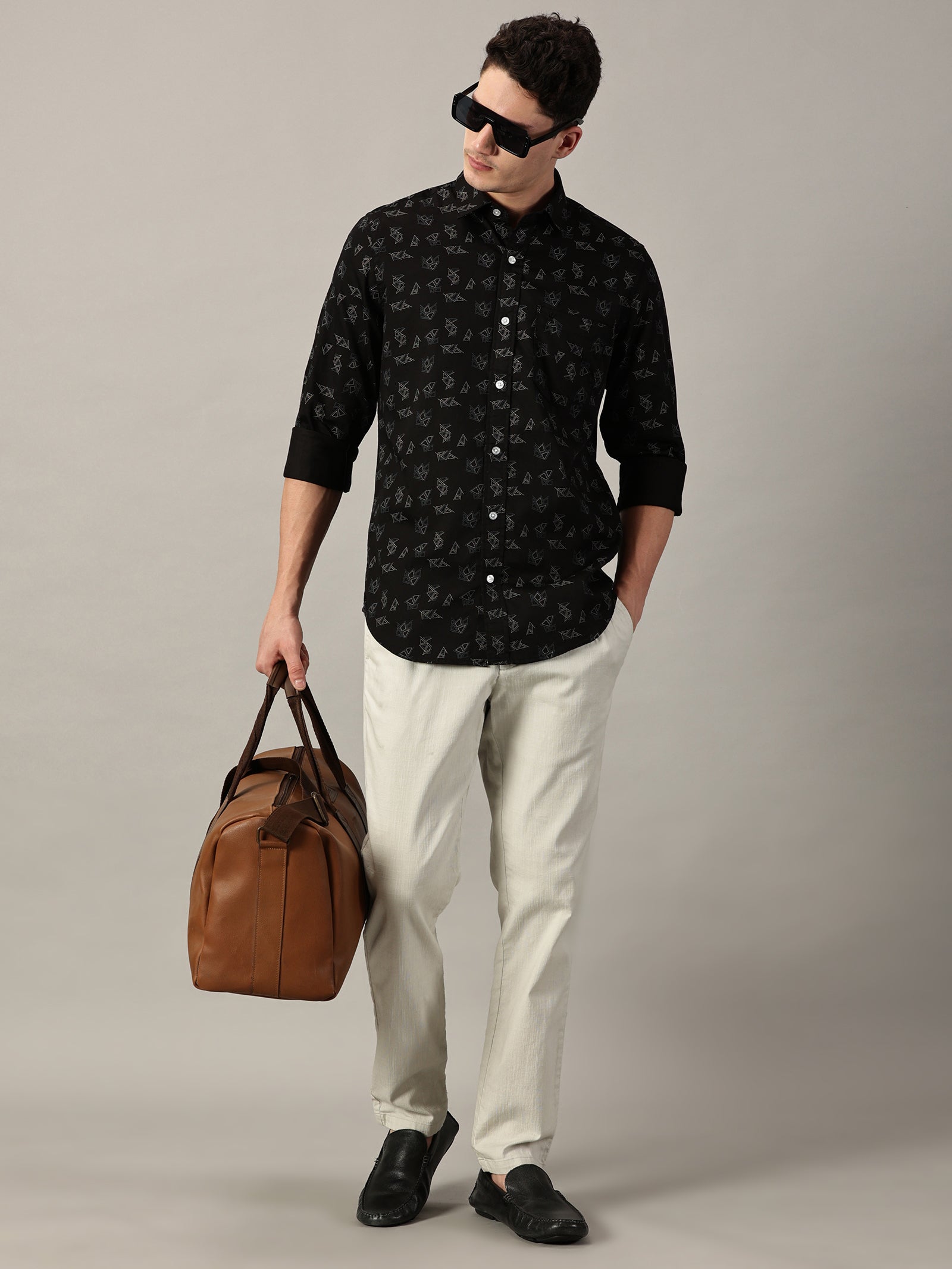 Midnight Black Geo‑Pattern Printed Satin Shirt | Full Sleeve | Slim Fit