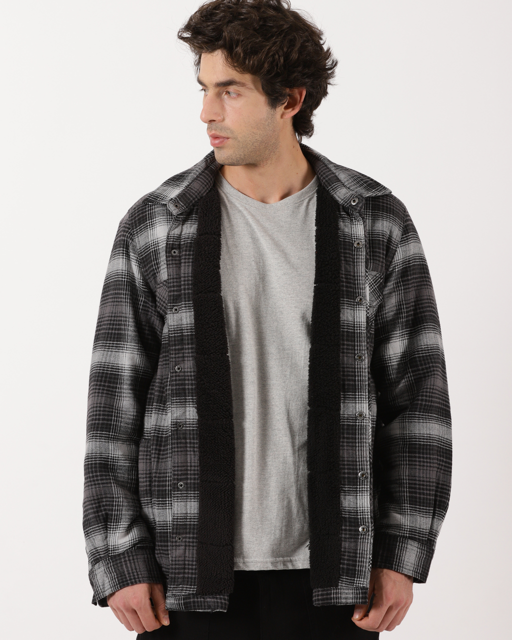 Grey & Black Men's Fleece - Lined Checked Shacket