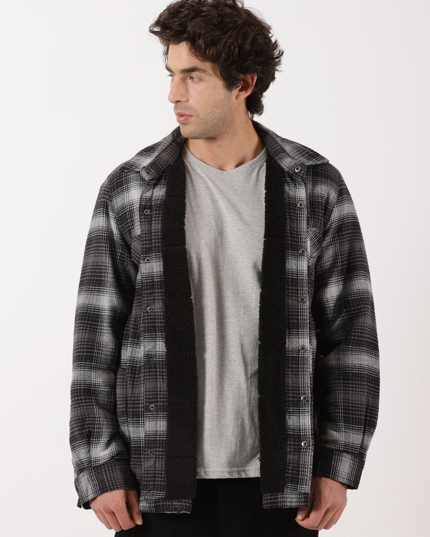 Grey & Black Men's Fleece - Lined Checked Shacket