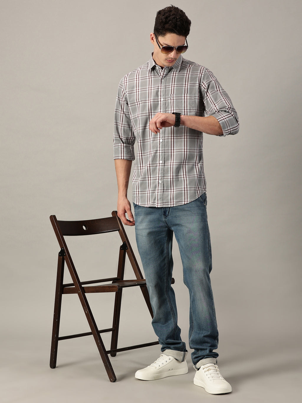 Grey & Maroon Men’s Cotton Checkered Shirt | Full-Sleeve | Slim Fit