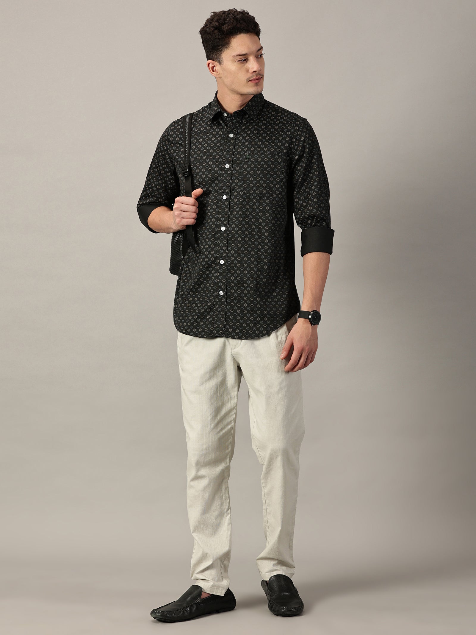 Forest Night Geo‑Dot Micro Pattern Satin Printed Shirt | Full Sleeve | Slim Fit