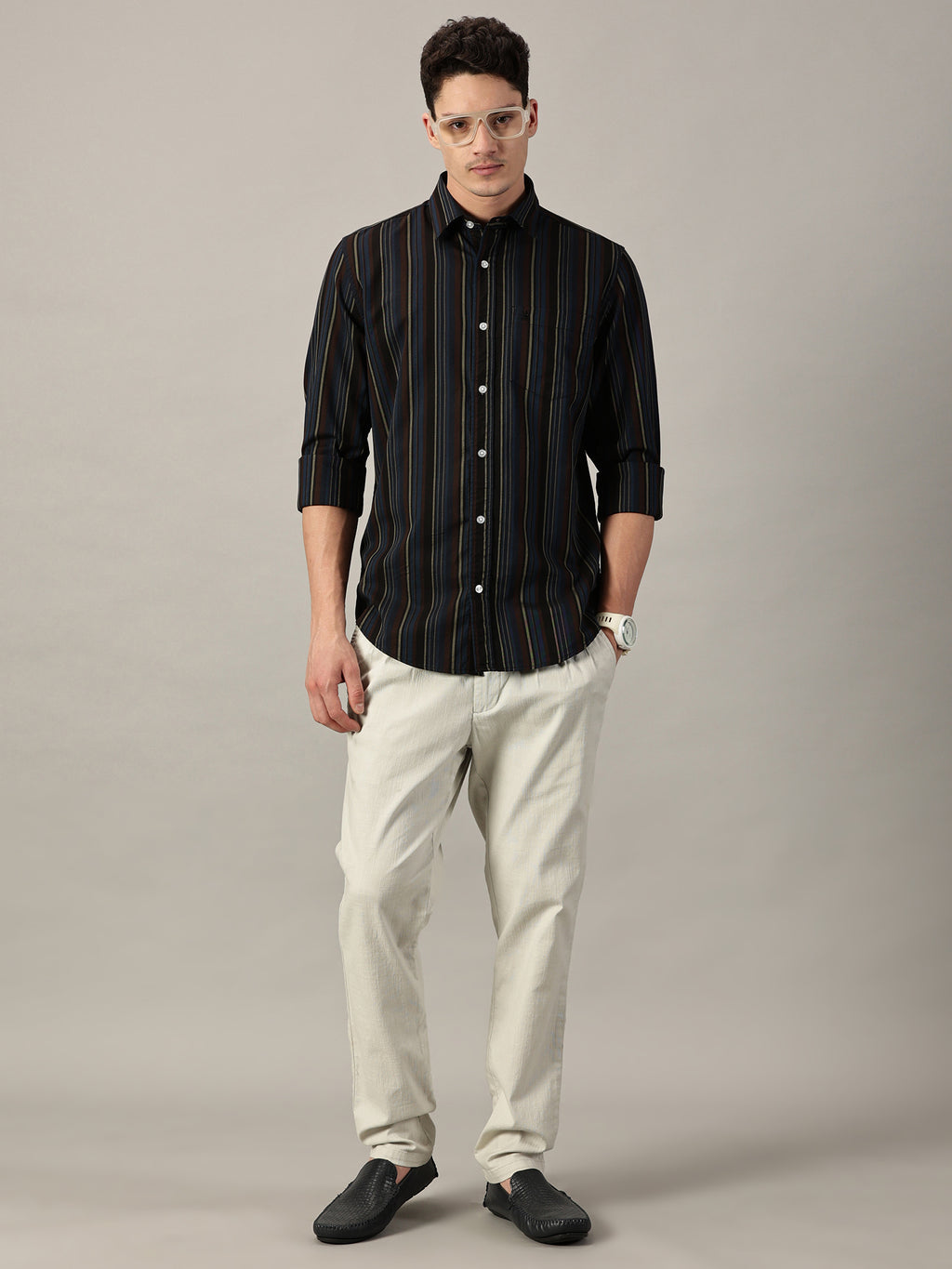 Men's Harbor Blue Multi-Stripe Giza Twill Shirt | Full Sleeve | Slim Fit