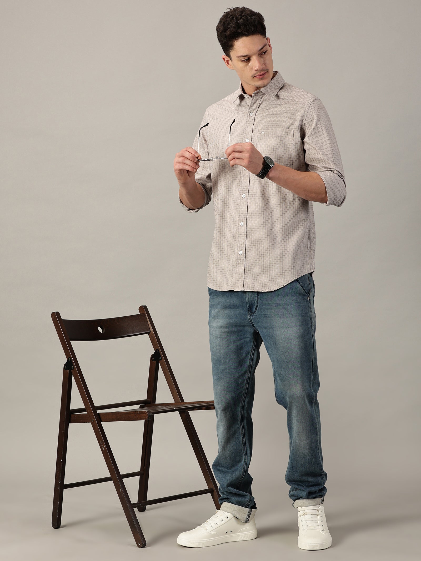 Sandcrest Beige Dobby Extra Fine Men's micro Check Shirt | Full Sleeve | Slim Fit