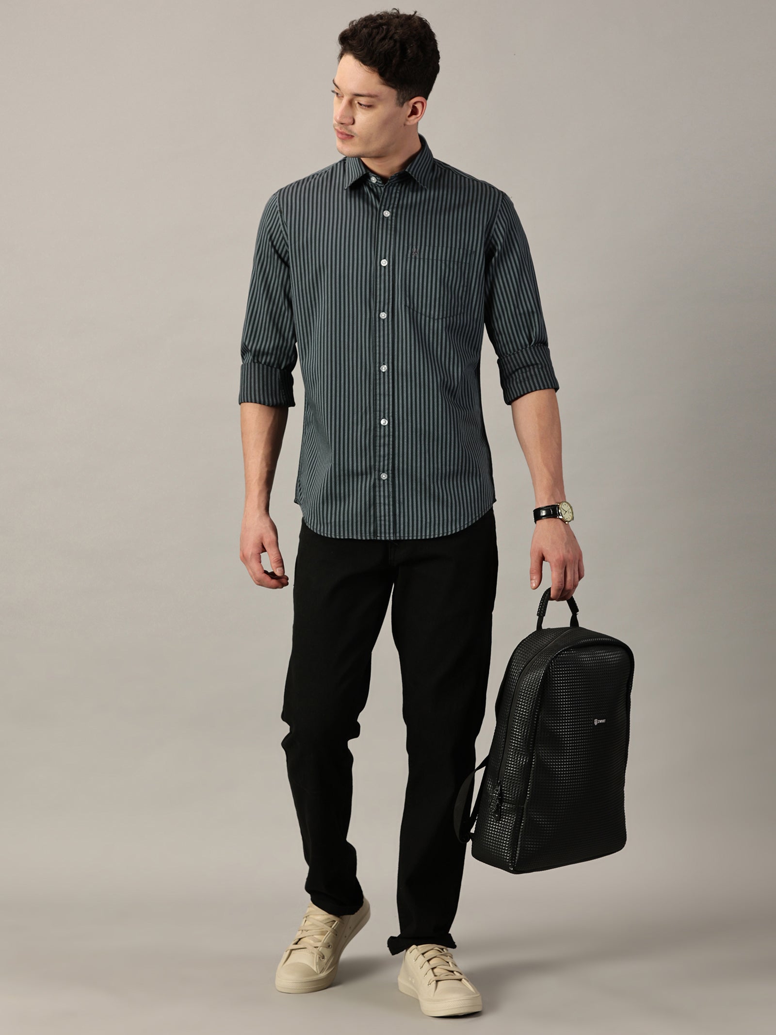 Two- Tone Green Geometric Dobby Extra Fine Men's micro Stripe Shirt | Full Sleeve | Slim Fit