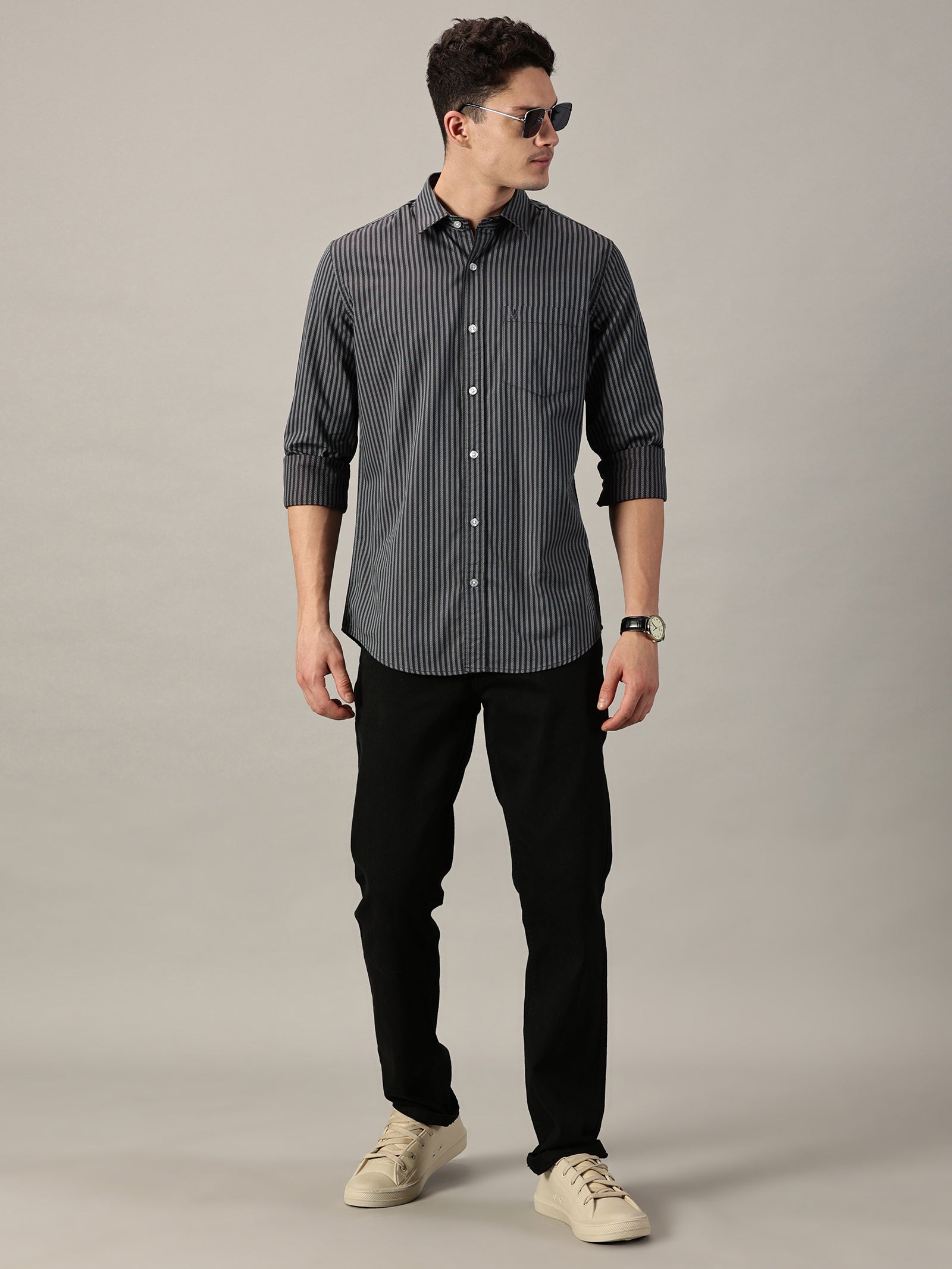 Two- Tone Navy Geometric Dobby Extra Fine Men’s Micro Stripe Shirt | Full Sleeve | Slim Fit