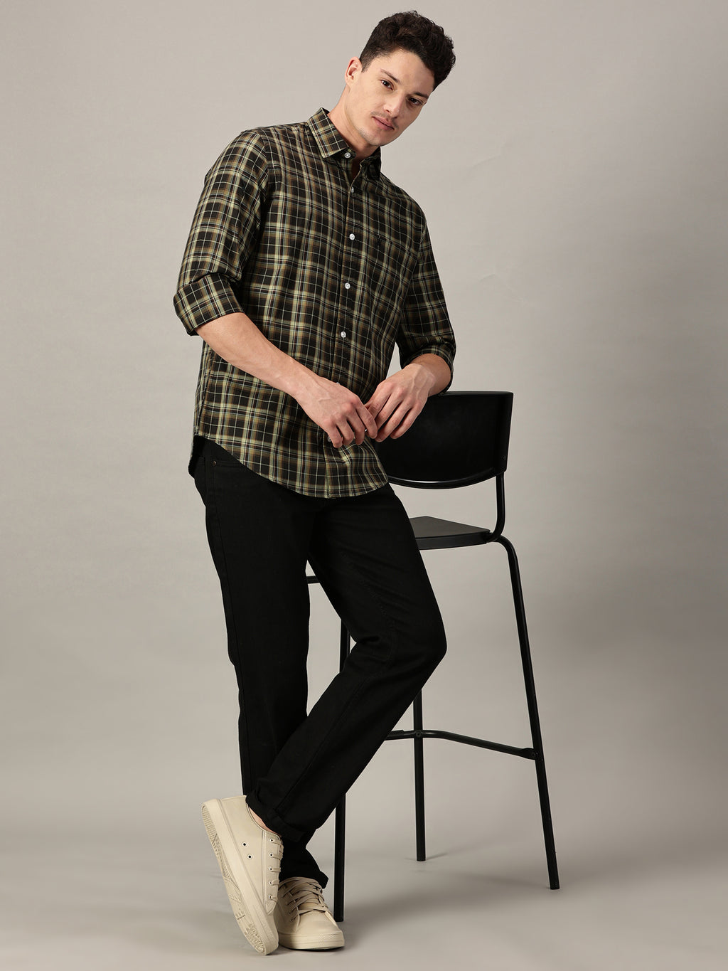 Black & Olive Men’s Giza Twill Checked Shirt | Full Sleeve | Slim Fit
