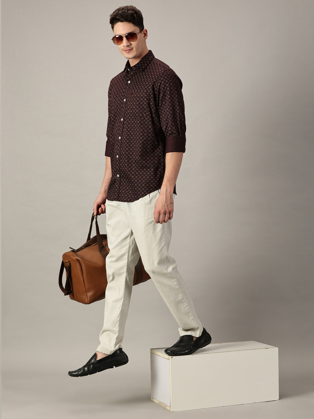 Maroon Geo-Dot Micro Pattern Satin Printed Shirt | Full Sleeve | Slim Fit