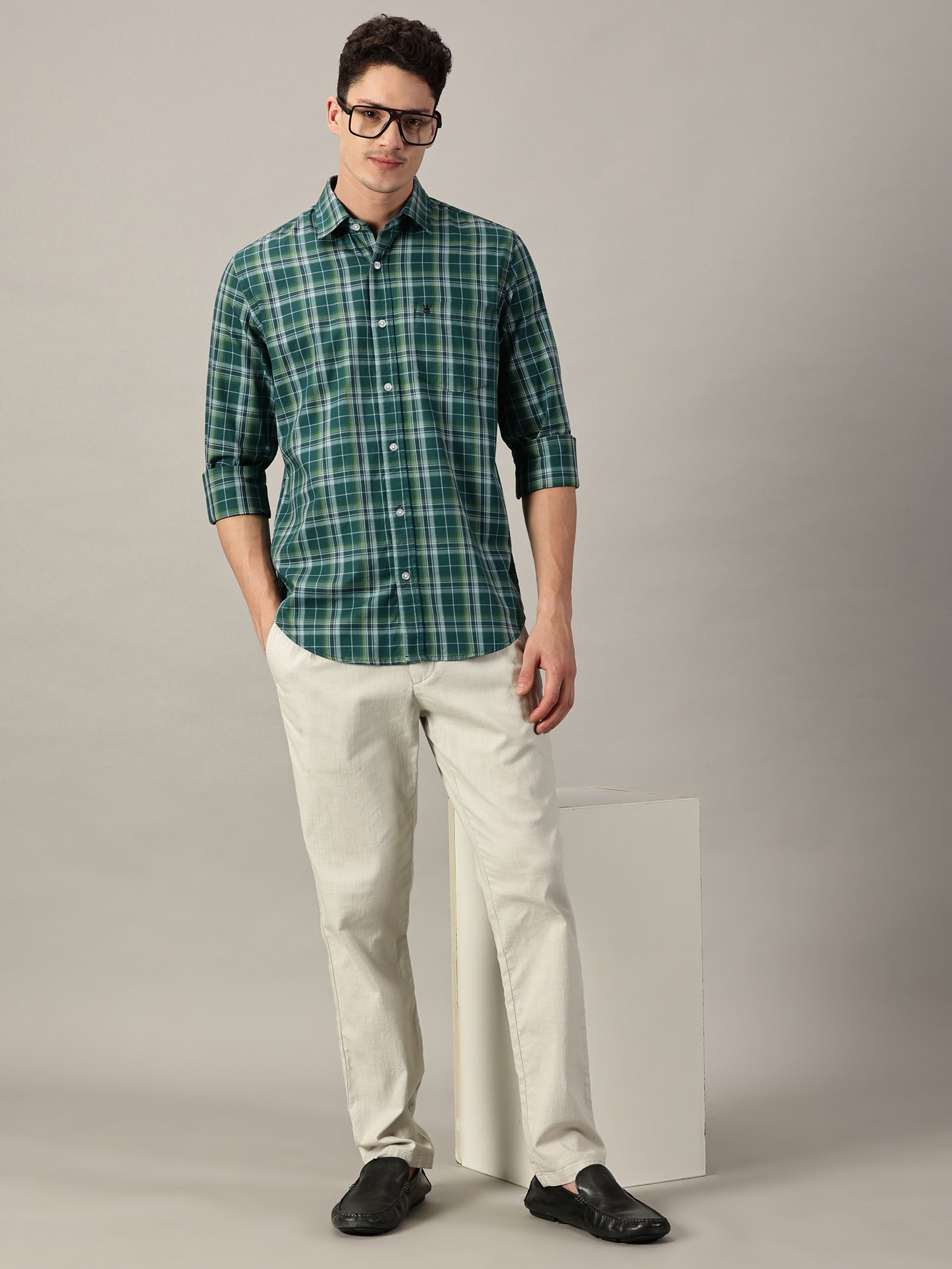 Green Windowpane Men’s Giza Twill Check Shirt | Full Sleeve | Slim Fit