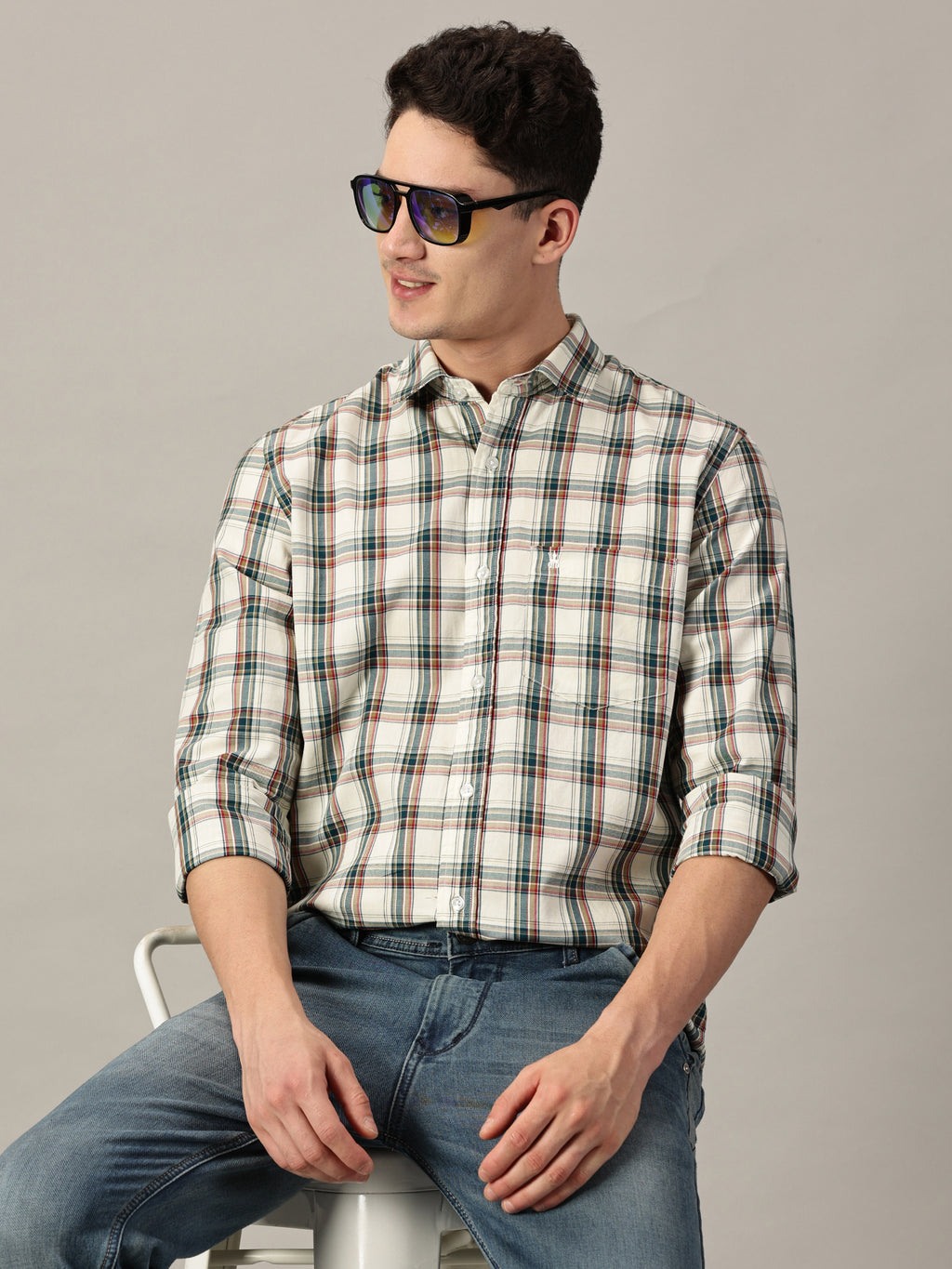 Urban Heritage Giza Twill Off-White Base with Forest Green Check Shirt | Full- Sleeve | Slim Fit