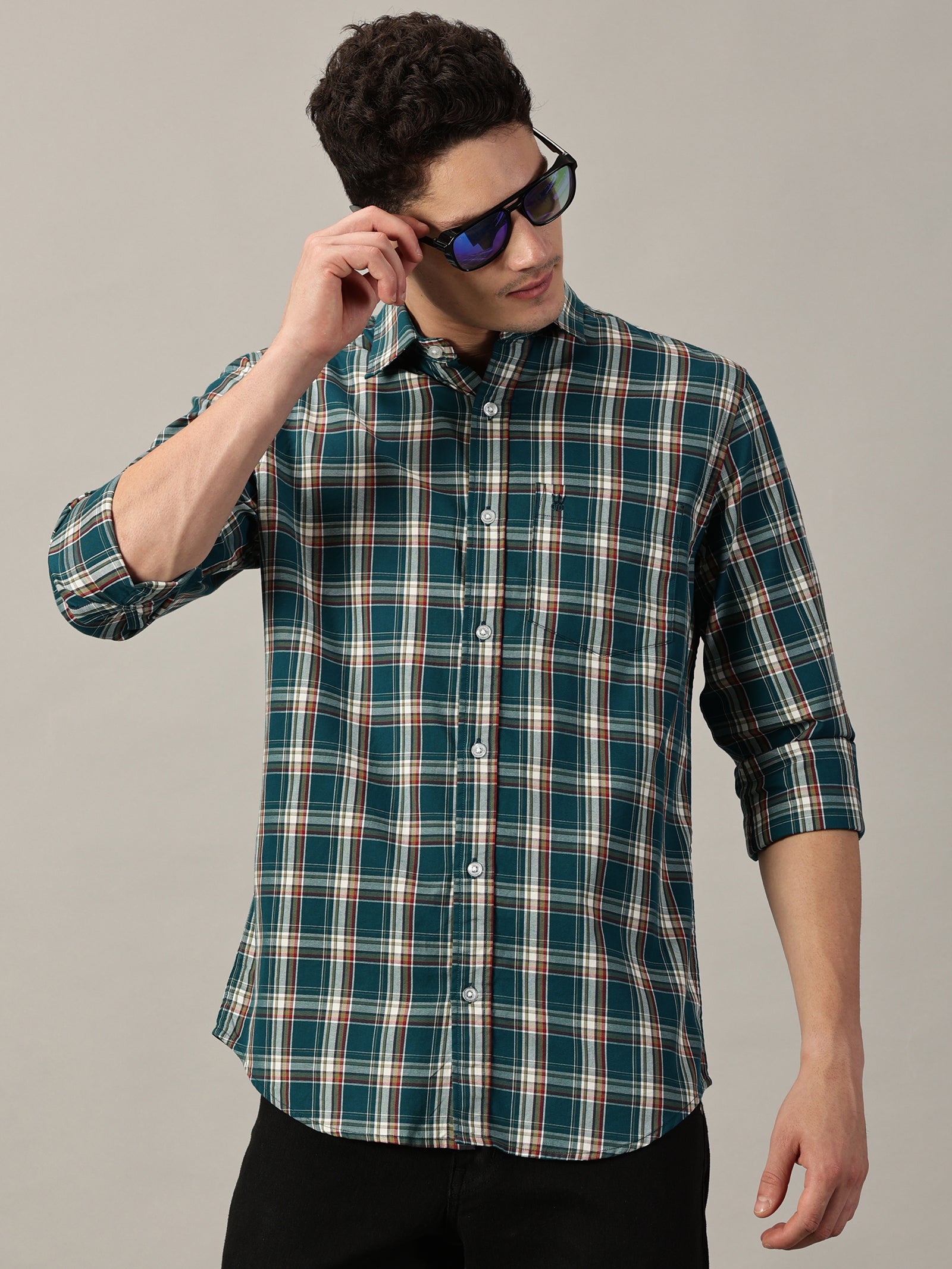 Teal Green Checkered Giza Twill Shirt | Full-Sleeve | Slim Fit