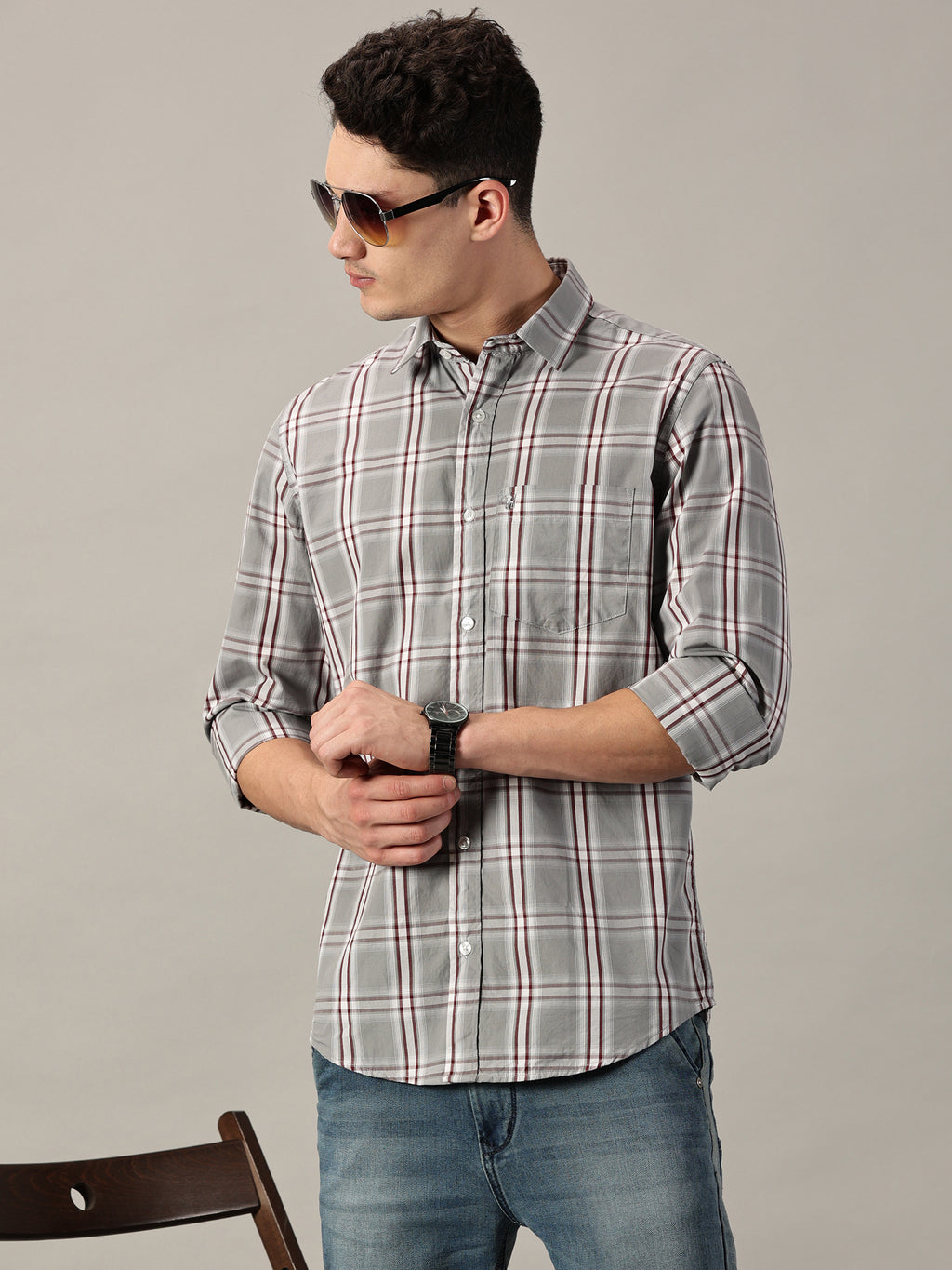 Grey & Maroon Men’s Cotton Checkered Shirt | Full-Sleeve | Slim Fit